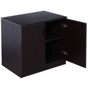 A TOS Storage Cabinet-Mocha with an open door showing two inner shelves.