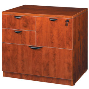 A TOS Combo Lateral File, Cherry 31" x 22" with two large drawers, metal handles, and a lock on one drawer.