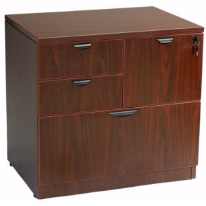 A TOS Combo Lateral File with two drawers and one side-locking door, featuring silver handles and a glossy mahogany finish.