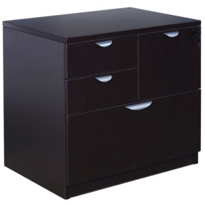 A TOS Combo Lateral File, Mocha 31" x 22" with two small drawers over one larger drawer, each featuring a silver handle.