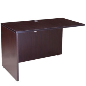 A TOS 42" x 20″ Reversible Return, Mocha office desk with a single drawer and an aluminum handle, set against a neutral background.