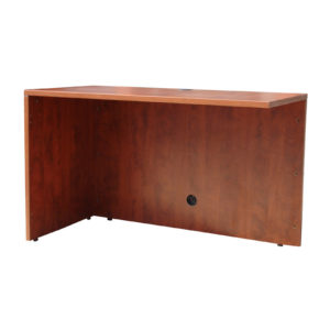 A Cherry office desk with a minimalist design and a mahogany finish, viewed from the side with one visible cable management hole.