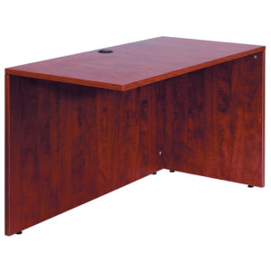 The TOS 42" x 20″ Reversible Return, Mahogany office desk is made of mahogany wood with a smooth finish and a cable management hole on the top surface.