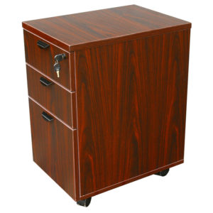 A TOS Mobile Pedestal Box/Box/File with mahogany coloring, three drawers, and wheels, featuring a lock on the top drawer.