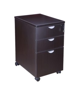 A small, TOS Mobile Pedestal Box/Box/File filing cabinet on wheels with three drawers, each featuring a silver handle.