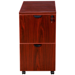 A TOS Mobile Pedestal, File/File Mahogany 16" W x 22" D x 19.5" H with two drawers, featuring black handles and a lock, set on caster wheels for mobility.