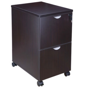 A TOS Mobile Pedestal, File/File Mocha 16" W x 22" D x 29.5" H on wheels with two drawers, featuring metal handles and a lock.