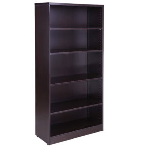 A TOS Bookcase, 31W X14D X 65.5H Mocha with five empty shelves, isolated on a white background.