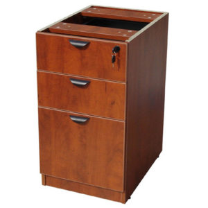 A TOS Deluxe Pedestal-Full, Box/Box/File 15.5" W x 22" D, Cherry with three drawers and a lock, shown against a plain background.