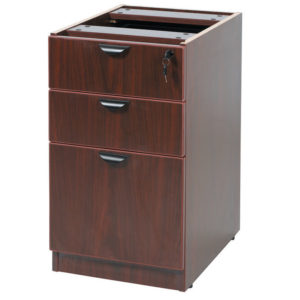 A TOS Deluxe Pedestal-Full, Box/Box/File, 15" W x 22" D, Mahogany filing cabinet with an open top drawer and a key in the lock, isolated on a white background.