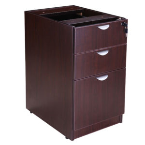 A TOS Deluxe Pedestal-Full, Box/Box/File, 15.5" W x 22" D, Mocha filing cabinet with two drawers and an open top, isolated on a white background.