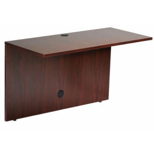 A TOS Bridge 42″W x 24″D x 29.5"H, Mahogany office desk with a rectangular top and panel legs, featuring cable management holes.