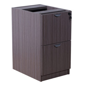 A modern brown wooden TOS Full Pedestal File/File, Driftwood with one drawer at the bottom and open space at the top for a built-in appliance.