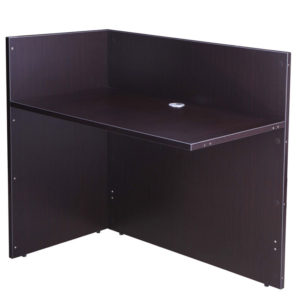 A simple, black TOS Reception Return Shell with a minimalist design and panel legs.