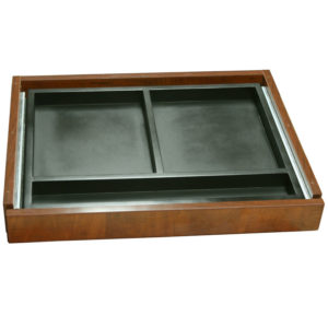 A TOS Center Drawer with three sections, featuring a dark stained finish and black interior compartments.