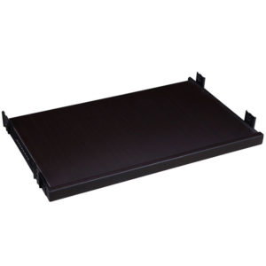 Black wooden TOS Keyboard Tray, Mocha stand with raised edges and corner supports, isolated on a white background.