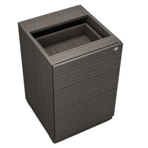 A square, dark gray outdoor trash bin made of textured plastic with an open top, viewed from a slight angle.