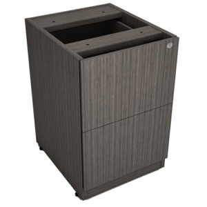 A modern, gray, wooden TOS Full Pedestal File/File cabinet with a top opening and two front doors, featuring a visible brand logo on the upper right corner.