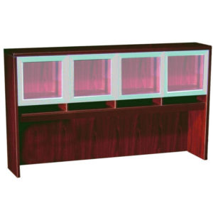 A TOS Hutch W/Alum/Glass Doors with a dark red finish, featuring three translucent pink glass doors and three lower wooden drawers.