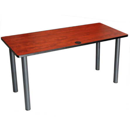 TOS Training Table 48W X 24″D Cherry-Top Only with four grey metal legs, featuring a single cable management hole.