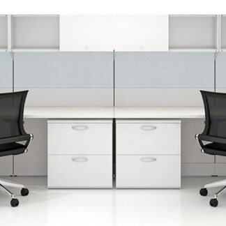 A modern office workspace featuring two Interra Series chairs, white desks and cabinets, set against a clean, white background.