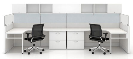 A modern office workspace featuring two Interra Series chairs, white desks and cabinets, set against a clean, white background.