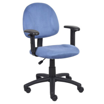 Blue Microfiber Deluxe Posture Chair with Adjustable Arms and Black Wheeled Base.