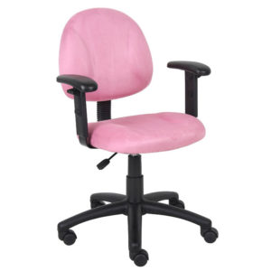 Pink Microfiber Deluxe Posture Chair W/ Adjustable Arms with black wheeled base on a white background.