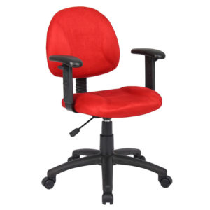 Red Microfiber Deluxe Posture Chair with adjustable height and armrests on a black five-wheel base.