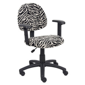 An adjustable swivel office chair with black and white zebra print upholstery on both the seat and backrest, featuring armrests and a five-wheeled base.
Product Name: Zebra Print Microfiber Deluxe Posture Chair W/ Adjustable Arms