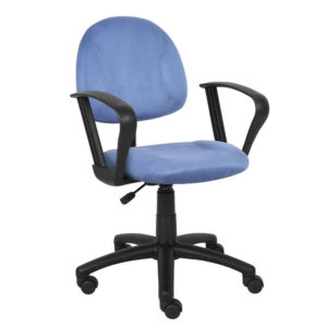 A Blue Microfiber Deluxe Posture Chair W/ Loop Arms with a five-wheel base.