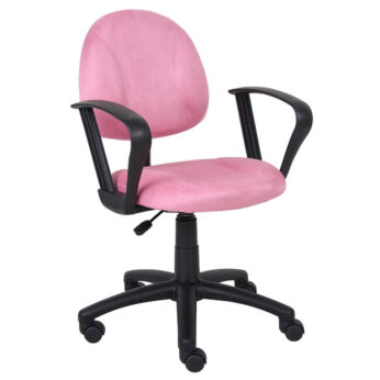 A Pink Microfiber Deluxe Posture Chair W/ Loop Arms with black armrests and a five-wheel base.