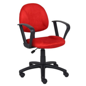 Red Microfiber Deluxe Posture Chair W/ Loop Arms with a five-wheeled base on a white background.