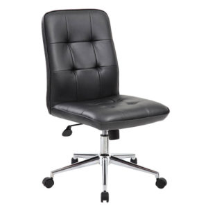 Millenial Modern Home Office Chair, Black leather office chair with high back, padded seat, and chrome base with wheels.