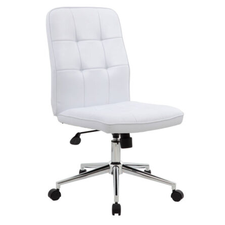 Millennial Modern Home Office Chair with a high backrest and padded seat, featuring adjustable height lever, mounted on a chrome five-wheeled base.