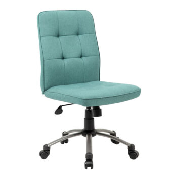 A Modern Office Chair-Green with a tufted backrest and seat, mounted on a five-wheeled metallic base with a height adjustment lever.