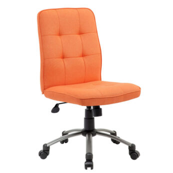 Modern Office Chair-Orange upholstered office chair with a high backrest, cushioned seat, and five-wheeled black metal base.