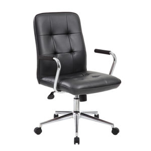 Modern Office Chair w/Chrome Arms-Black with armrests, a chrome base, and caster wheels.