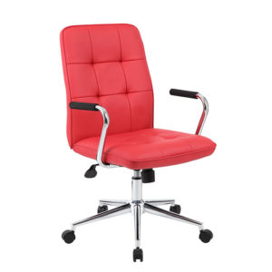 Modern Office Chair w/Chrome Arms-Red with armrests and a chrome base on wheels, isolated on a white background.