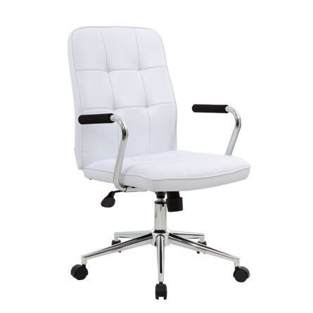 A Modern Office Chair w/Chrome Arms- White with armrests, height adjustment lever, and five black caster wheels.