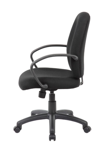 Ergonomic Budget Task Chair with black upholstery, armrests, and a wheeled base, isolated on a white background.