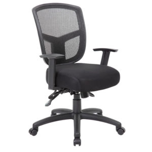 An ergonomic office chair with a black mesh backrest and padded seat, featuring adjustable armrests and mounted on casters. (Contract Mesh Task Chair)