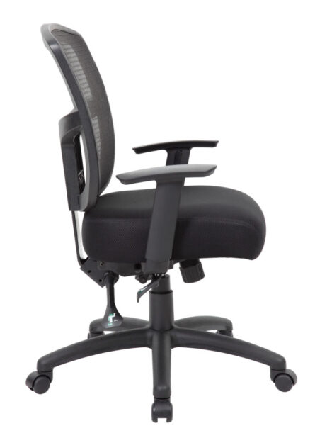 A Contract Mesh Task Chair with adjustable armrests and a wheeled base, viewed from the side.