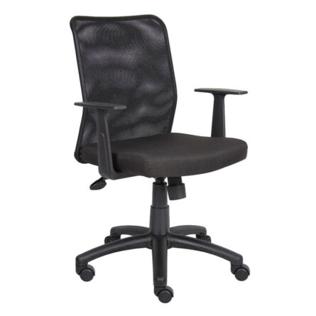 A Budget Mesh Task Chair with T-Arms, black mesh backrest and fabric seat, adjustable armrests and a five-wheeled base.