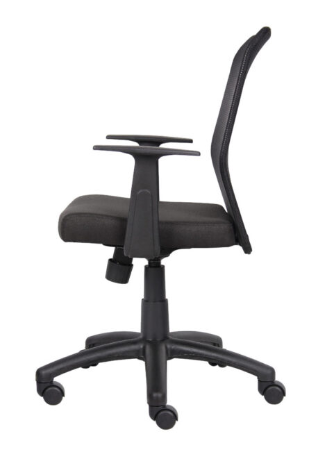 Budget Mesh Task Chair W/ T-Arms with black mesh backrest, fabric seat, armrests, and a five-wheeled base, isolated on a white background.