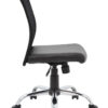 Sentence with product name: Budget Mesh Task Chair with a padded seat on a shiny chrome base and wheels, isolated on a white background.