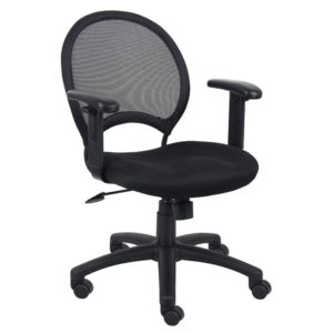 Mesh Chair With Adjustable Arms: An office chair with black mesh backrest and fabric seat, featuring adjustable armrests and a five-wheeled base.