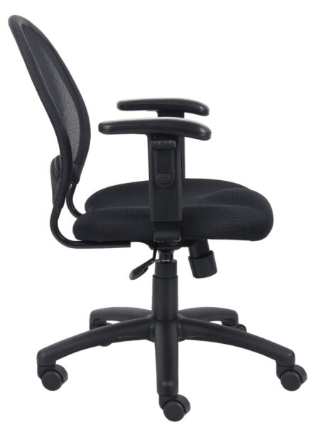 A black ergonomic office chair with mesh backrest and adjustable height settings, viewed from the front.