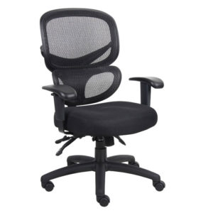 Multi-Function Mesh Task Chair with black mesh backrest and padded seat, featuring adjustable armrests and a five-wheel base.