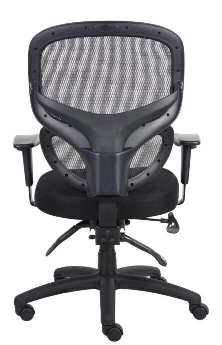 Multi-Function Mesh Task Chair with a black mesh backrest, fabric seat, and five-wheeled base, viewed from the front, isolated on a white background.